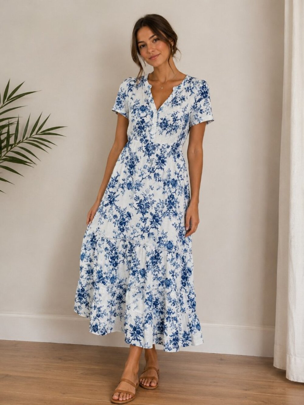 Women's Blue & White Floral Tiered Midi Dress with Short Sleeves